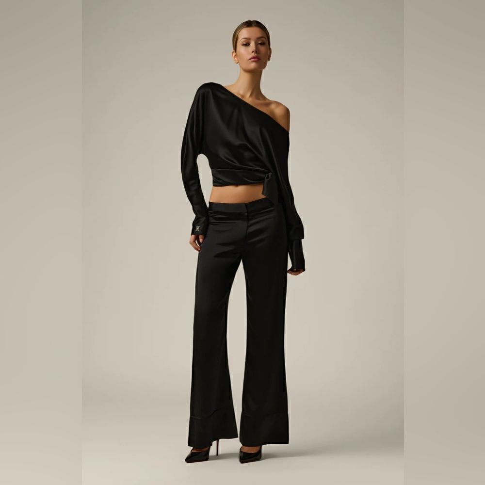 NWT Sandra Sardinia Black Wide Leg Silk Pants size 24W